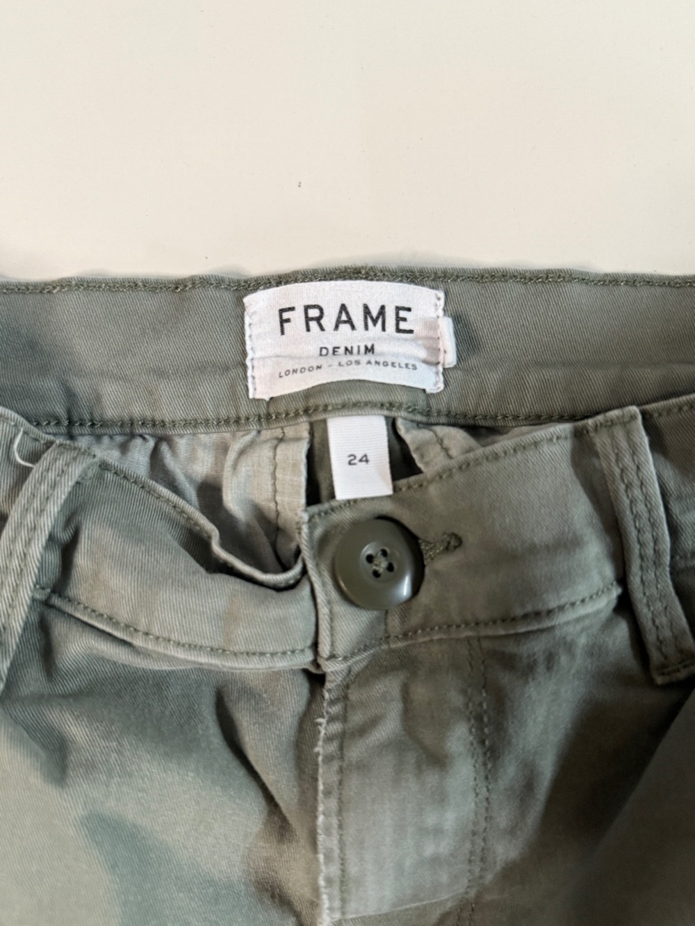 FRAME Denim Cargo Pants Size 24 Olive Green Skinny Utility Ankle Zip Distressed